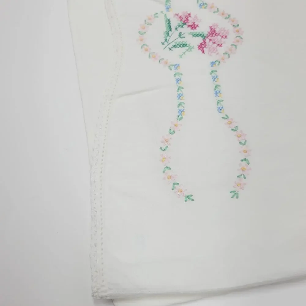 Vtg Hand Embroidered Pink Flower Floral Border Cotton Pillowcase Single Standard